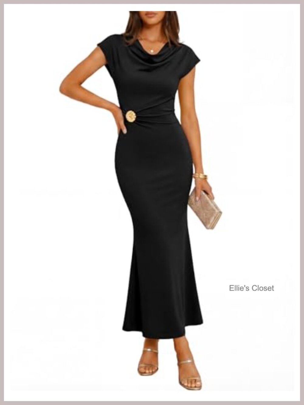 Cowl Neck Bodycon Maxi Dress Cap Sleeve Ruched Wedding Guest Cocktail Midi - Picture 1 of 6